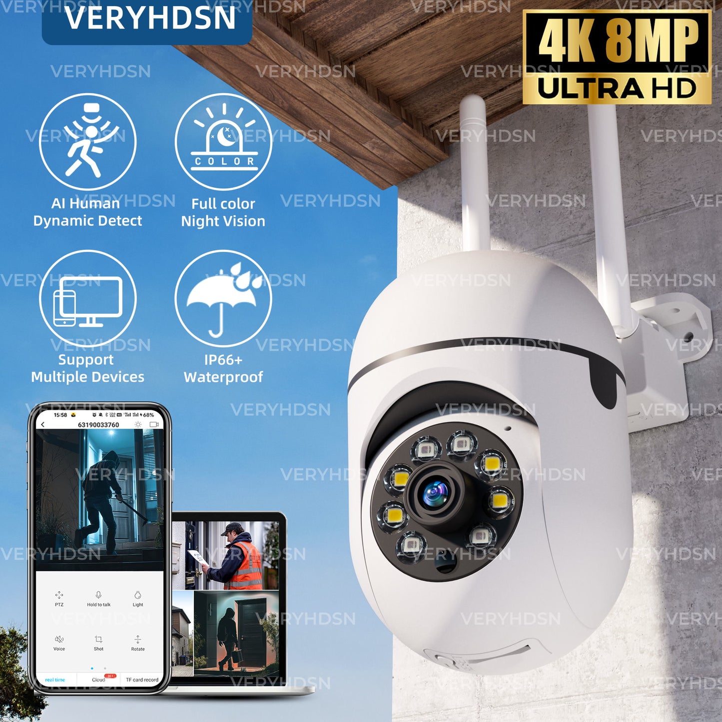 8MP PTZ WiFi Cam: Outdoor Security with AI