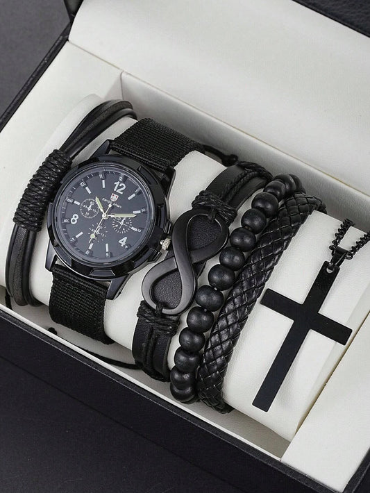 Men's 6pc Leather Bracelet Watch Set