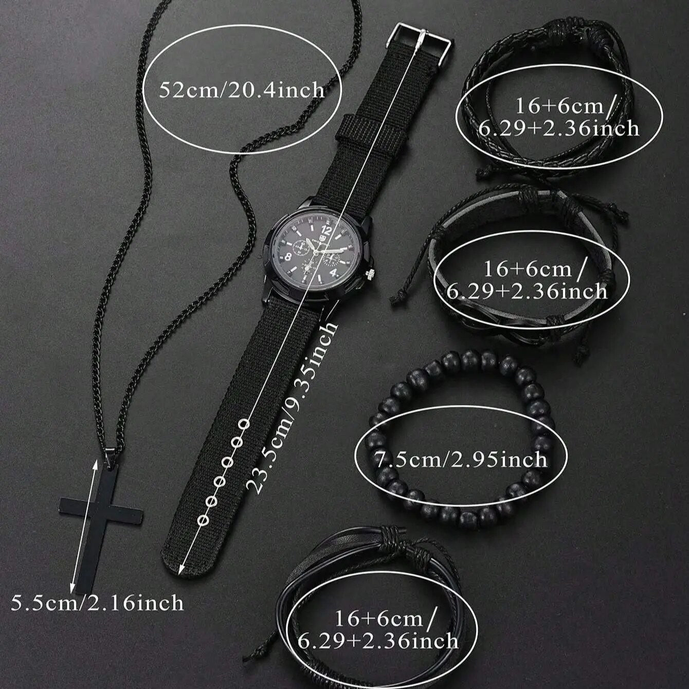 6pcs_Set Fashionable Pu Leather '8' Shape Beaded Bracelet With Mechanical Watch, Cross Pendant Necklace For Men, Black-Colored